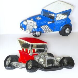 Vintage Hoda Hot Rod Wall Plaques Set of 2 Blue and Red Race Car Decor 1970s